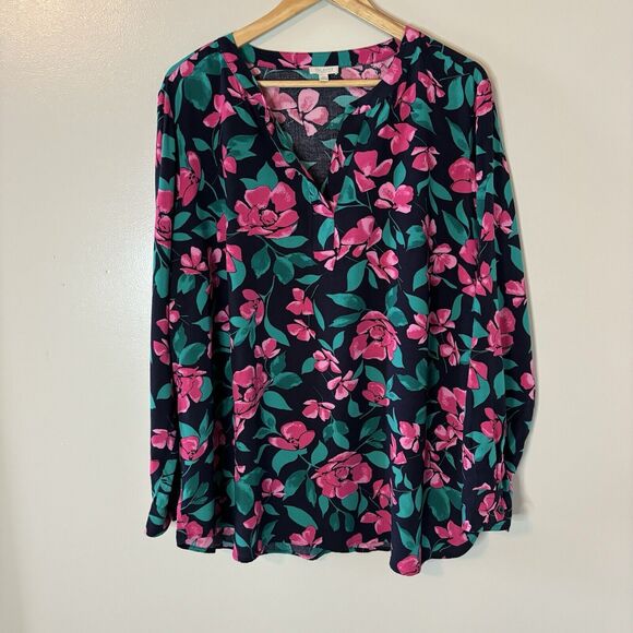 Talbots Womens Popover Top Pink Floral Long Sleeve Blouse Sz 2X - Picture 1 of 7